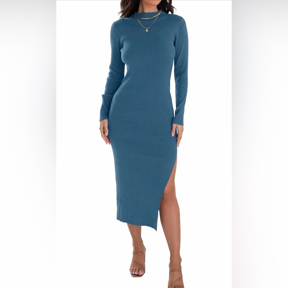 🆕Ribbed Long Sleeve Mock Neck Slim Fit Sweater Dress